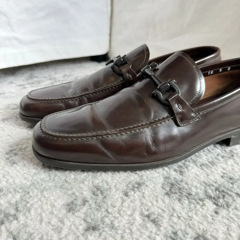 Salvatore Ferragamo Brown Patent Leather Black Gancini Bit Slip On Loafer 9 Shoe